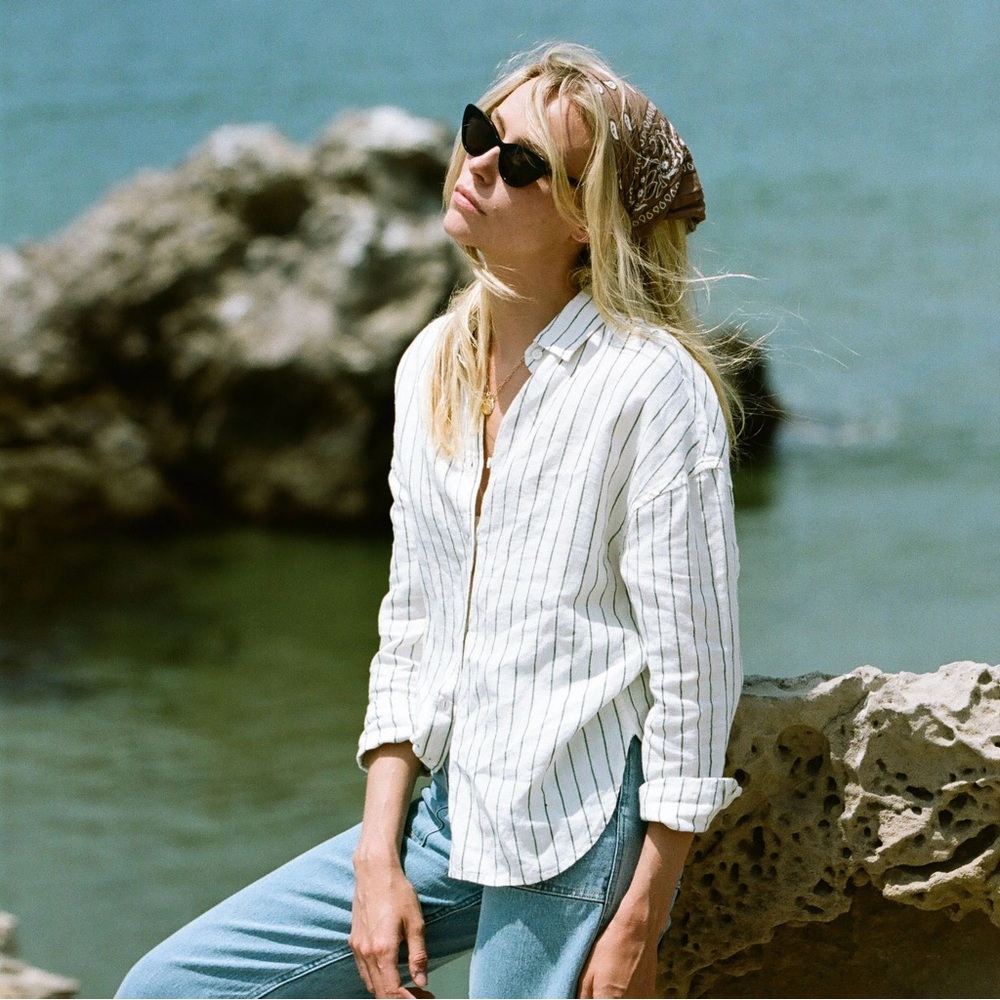 Roark 100% Linen Costa Button Up Minimalist Relaxed White Green Striped Shirt S